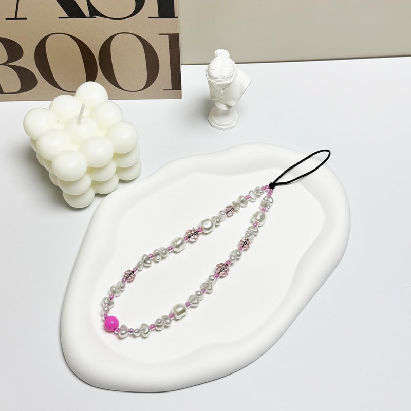 WCCH Beaded Phone Charm Y2K Kawaii Handmade Acrylic Phone Lanyard Wrist Strap for Camera Bag Airpods Keychain Charm Pink White Pearl - Image 2